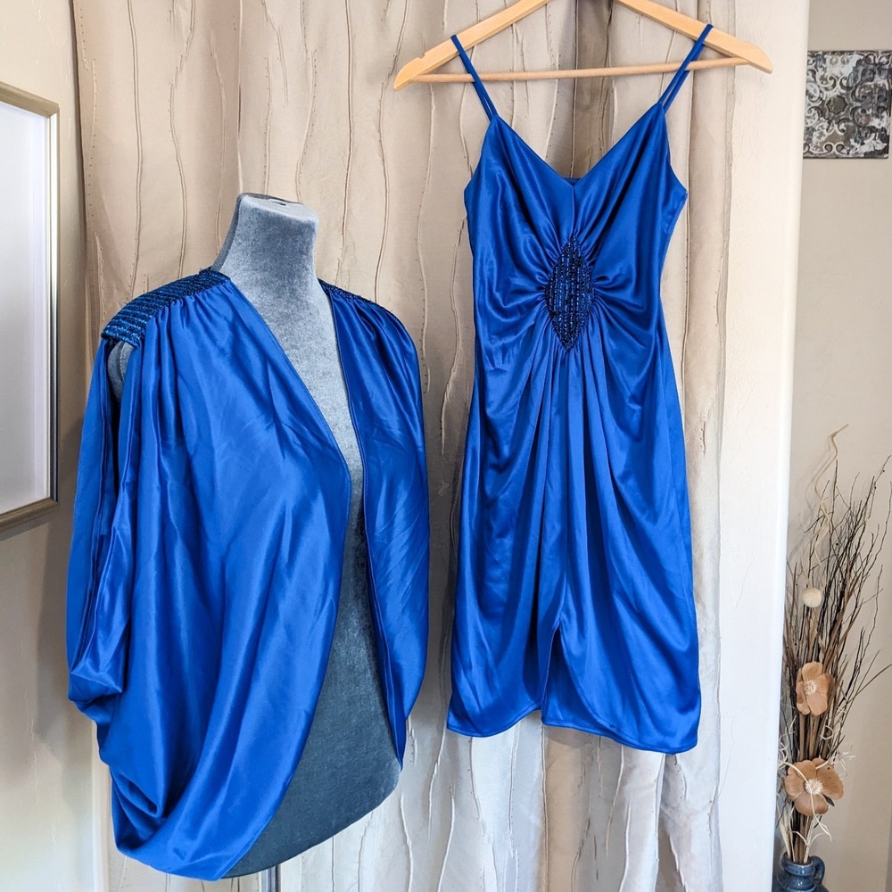 Vintage‎ 70s Disco Party Cocktail Dress Set XS Royal Blue Cocoon Batwing Jacket